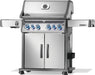 Stainless steel grill with illuminated blue control knobs, double-door storage compartment, side shelves, and built-in thermometer.