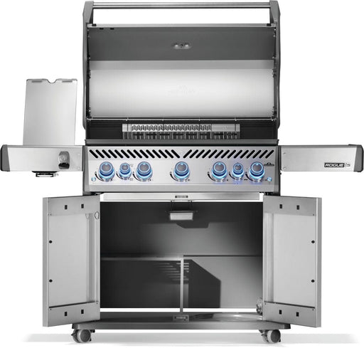 Stainless steel grill with open cabinet doors, five illuminated control knobs, lid open showing grilling surface and side burner.