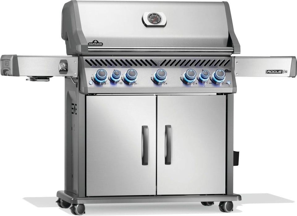 Stainless steel grill with double-door cabinet, blue LED control knobs, side shelves, and a thermometer on the domed lid.