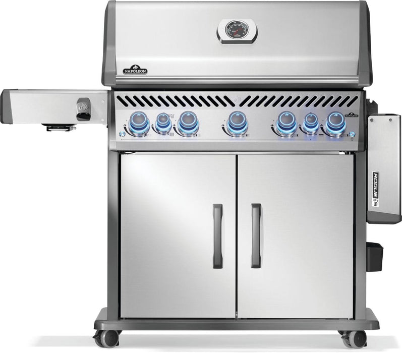 Stainless steel grill featuring a double-door cabinet, illuminated blue LED knobs, side shelves, and a thermometer on the lid.