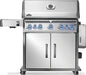 Stainless steel grill featuring a double-door cabinet, illuminated blue LED knobs, side shelves, and a thermometer on the lid.