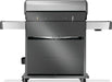 Rear view of a freestanding grill with side shelves, a metal cabinet base, and lockable caster wheels on a smooth surface.