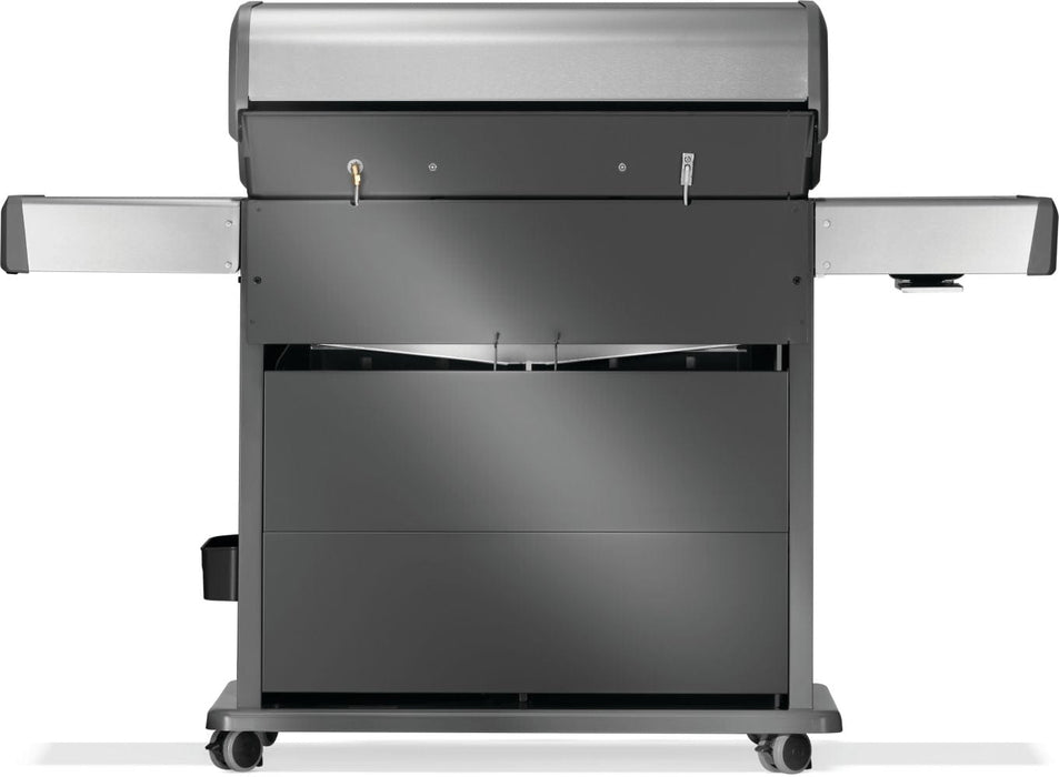 Rear view of a freestanding grill with side shelves, a metal cabinet base, and lockable caster wheels on a smooth surface.