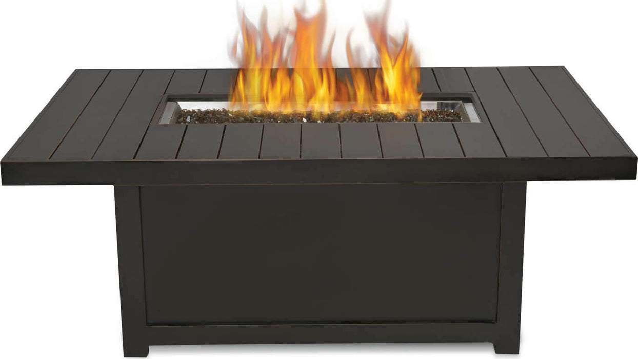 Rectangular fire table with a sleek bronze finish, featuring a central fire pit with flames surrounded by decorative stones.