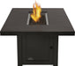 Fire table with a bronze slatted top, featuring a central fire pit with flames and black lava rocks, supported by a base cabinet.