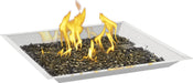 Fire pit tray with vibrant flames rising from a bed of shimmering black stones, set within a sleek metal frame.