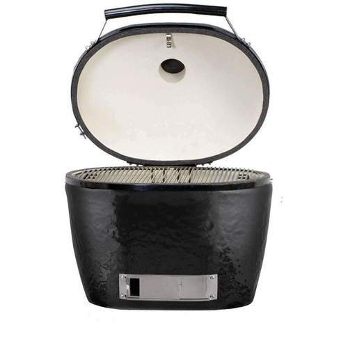 A black ceramic charcoal grill with an open lid, revealing a spacious oval cooking surface and interior lined with heat-retaining ceramic