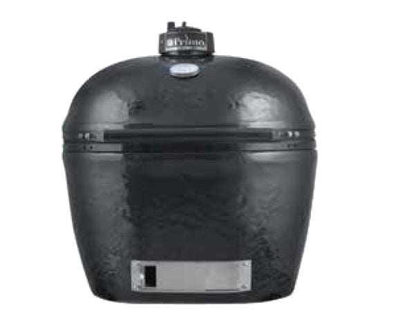 A black ceramic charcoal grill with a closed lid, built-in temperature gauge, and stainless steel vent panel at the base