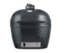 A black ceramic charcoal grill with a closed lid, built-in temperature gauge, and stainless steel vent panel at the base