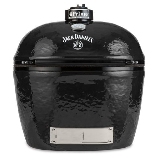 Black ceramic kamado-style charcoal grill with a premium glossy finish, featuring Jack Daniel's logo and adjustable top vent for airflow control