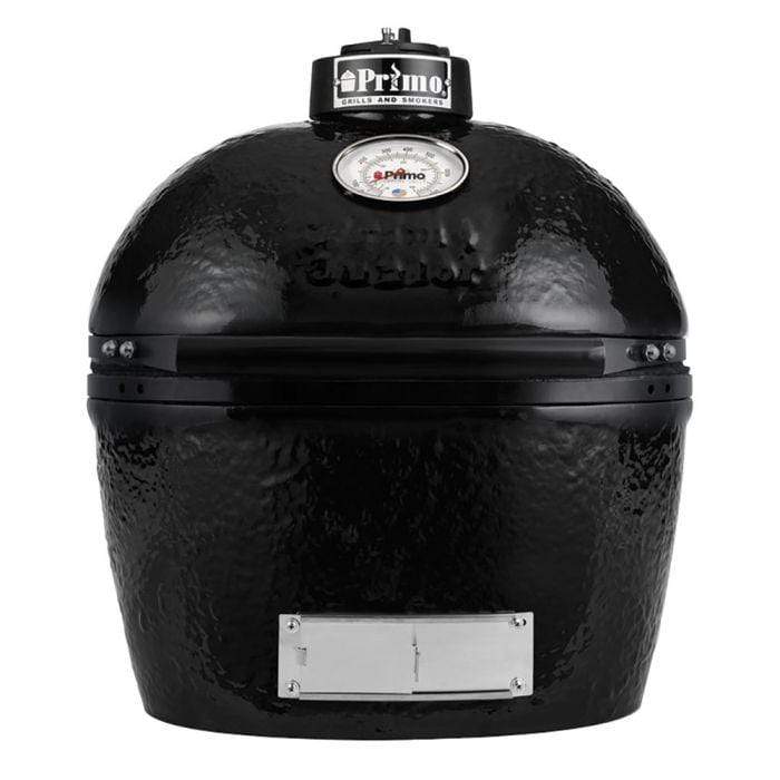 Black ceramic Kamado-style grill with a built-in thermometer, oval design, and stainless steel air vent, perfect for outdoor cooking enthusiasts