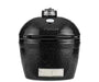 Black ceramic Kamado-style grill with a built-in thermometer, oval design, and stainless steel air vent, perfect for outdoor cooking enthusiasts