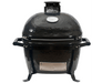 A black ceramic charcoal grill with a closed lid, built-in temperature gauge, sturdy base, and stainless steel vent panel at the bottom