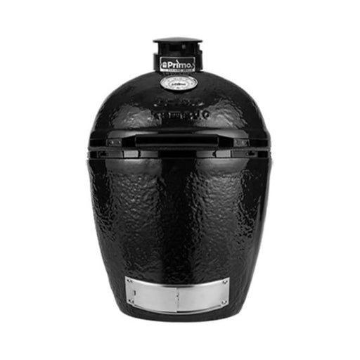 Black ceramic charcoal grill with a rounded dome design, stainless steel vent, and ash tray