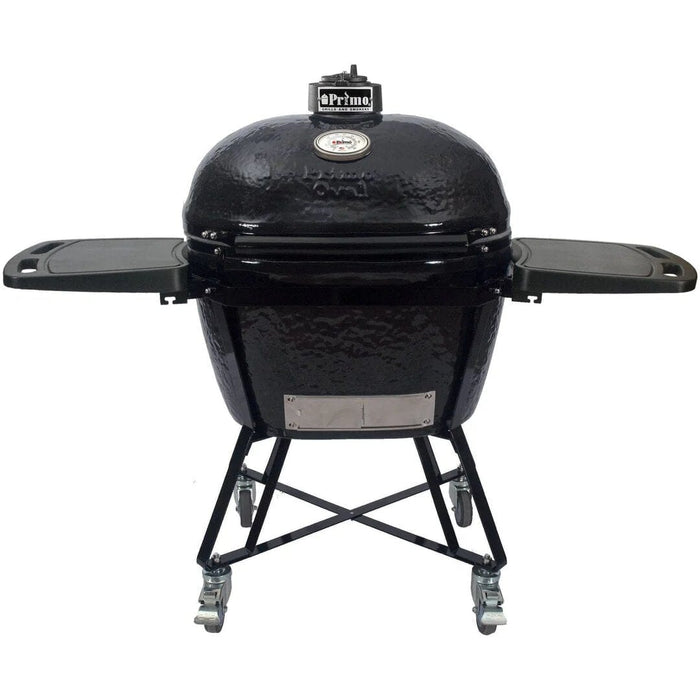 A black ceramic charcoal grill with foldable side tables, a cradle stand with locking casters, and a built-in temperature gauge