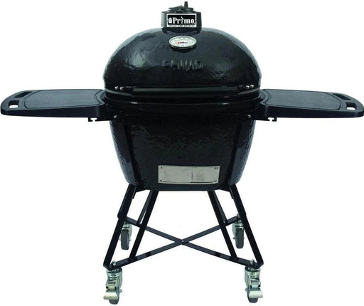 A black ceramic charcoal grill with foldable side tables, a cradle stand with locking casters, and a built-in temperature gauge