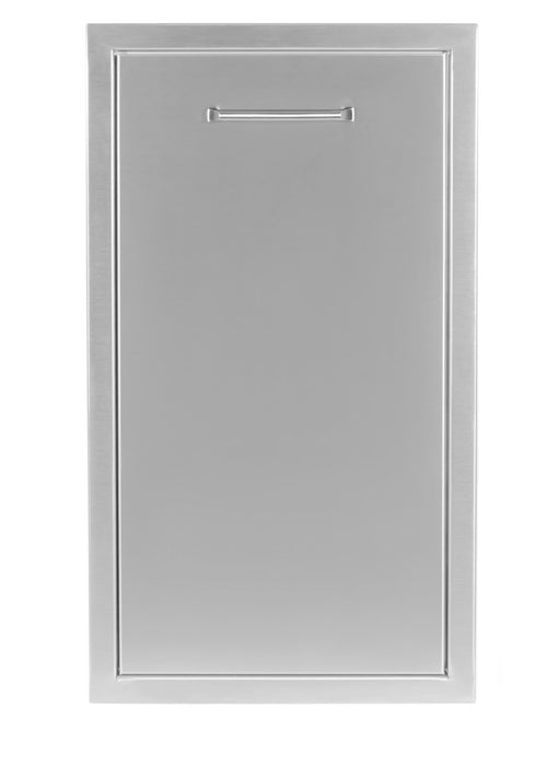 Single-door metal cabinet with a smooth flat panel, framed edges, and a horizontal handle near the top.