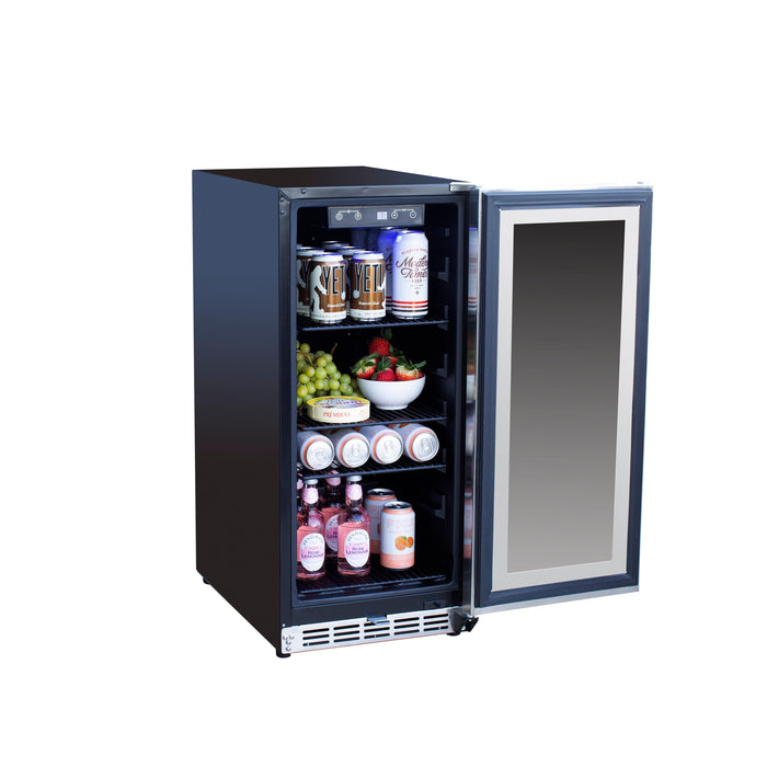 Beverage cooler with glass door open, displaying organized shelves stocked with drinks, fruits, and snacks in a compact design.