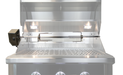 Stainless steel grill interior with mounted rotisserie spit, motor housing on the left, cooking grates, and dual interior lights.