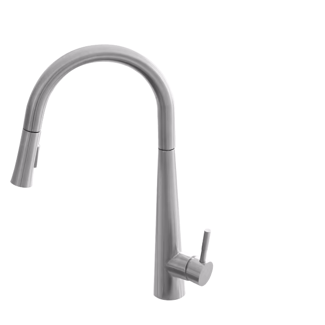 A modern stainless steel high-arc pull-down faucet with a single lever handle, designed for versatile kitchen functionality.