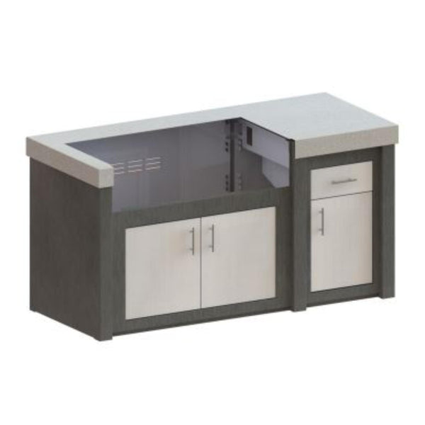 Stoll 71-inch custom outdoor kitchen BBQ grill island with Copper Vein base, Concrete finish countertop, built-in grill cutout, double access doors, and storage cabinet.