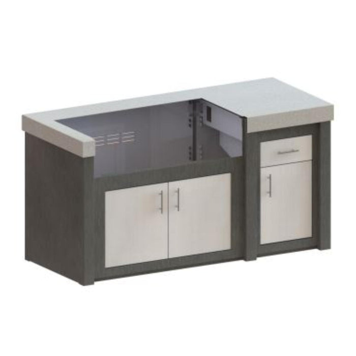 Stoll 71-inch custom outdoor kitchen BBQ grill island with Copper Vein base, Concrete finish countertop, built-in grill cutout, double access doors, and storage cabinet.