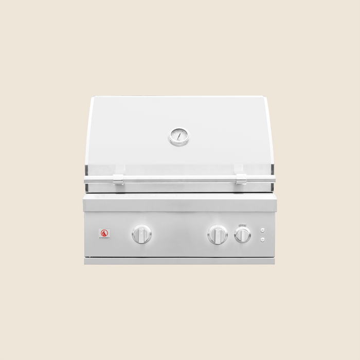 Stainless steel outdoor gas grill with three control knobs and built-in temperature gauge on the lid.
