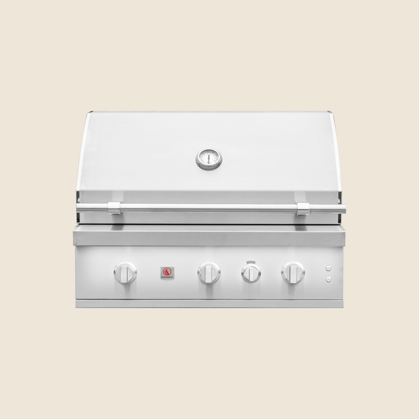 Stainless steel outdoor gas grill with four control knobs and a built-in temperature gauge on the lid.