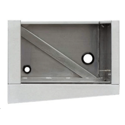 Stainless steel enclosure with diagonal support bar and circular openings for ventilation or utility connections.