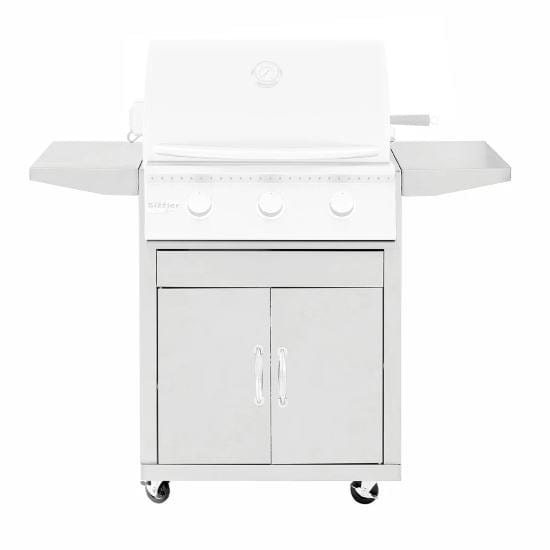 Stainless steel outdoor grill cart with dual cabinet doors, control knobs, and side shelves mounted on caster wheels.