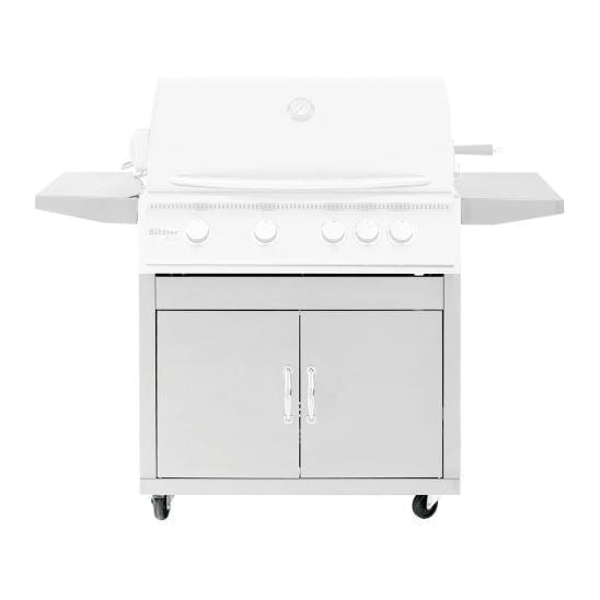 Stainless steel outdoor grill cart with dual cabinet doors, control knobs, and side shelves on caster wheels for easy use.