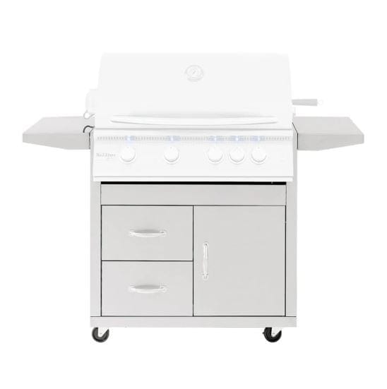 Stainless steel outdoor grill cart with storage drawers, cabinet door, side shelves, and caster wheels for mobility.