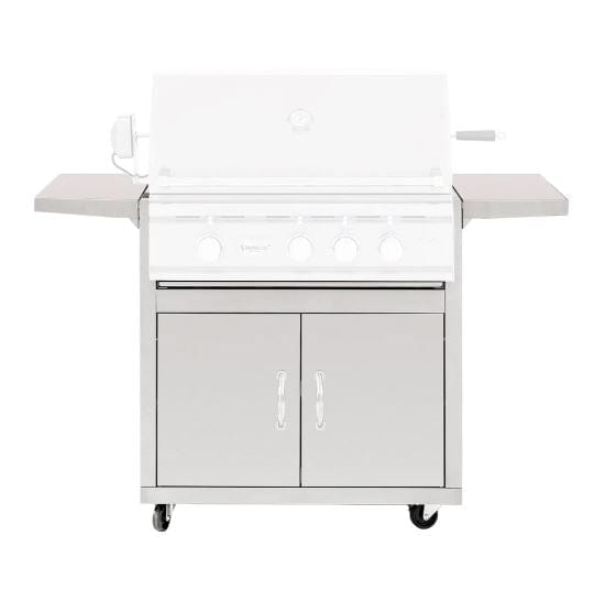 Stainless steel outdoor grill cart with dual cabinet doors, side shelves, and control knobs on caster wheels.