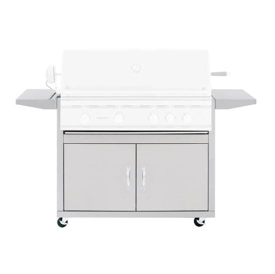 Stainless steel grill cart base with double storage doors, side shelves, and caster wheels for easy movement.