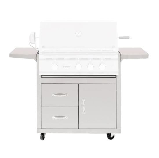 Stainless steel grill cart base with two drawers, a storage cabinet, and caster wheels for mobility.