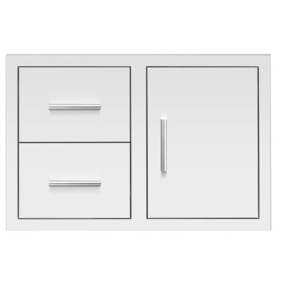Outdoor stainless steel storage unit featuring two drawers on the left and a vertical door with a handle on the right for organization.