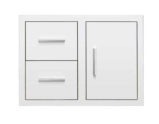 A stainless steel combination outdoor storage unit featuring two pull-out drawers on the left and a single door with a handle on the right.