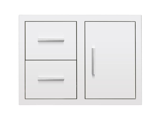 A stainless steel combination outdoor storage unit featuring two pull-out drawers on the left and a single door with a handle on the right.