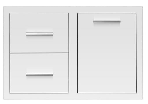 Stainless steel outdoor storage unit featuring two drawers on the left and a pull-out trash drawer with a horizontal handle on the right.