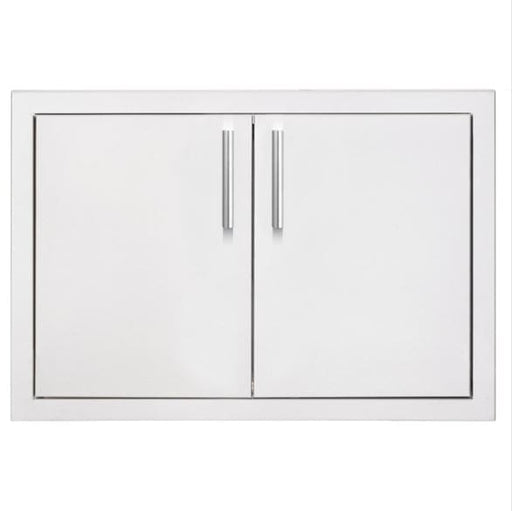 A double-door stainless steel access panel with sleek handles, designed for outdoor kitchen or utility storage compartments.