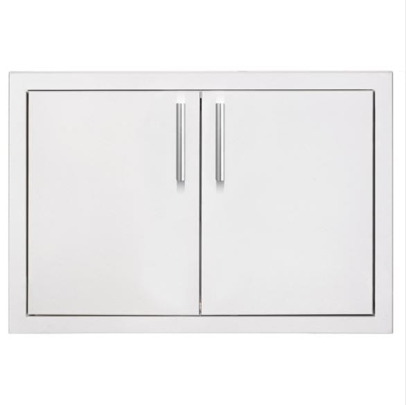 A double-door stainless steel access panel with sleek handles, designed for outdoor kitchen or utility storage compartments.