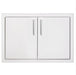 A double-door stainless steel access panel with sleek handles, designed for outdoor kitchen or utility storage compartments.