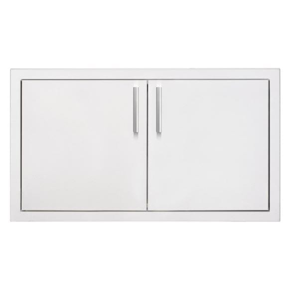 A horizontal double-door stainless steel access panel with brushed handles, designed for outdoor kitchen or utility storage compartments.