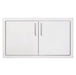 A horizontal double-door stainless steel access panel with brushed handles, designed for outdoor kitchen or utility storage compartments.