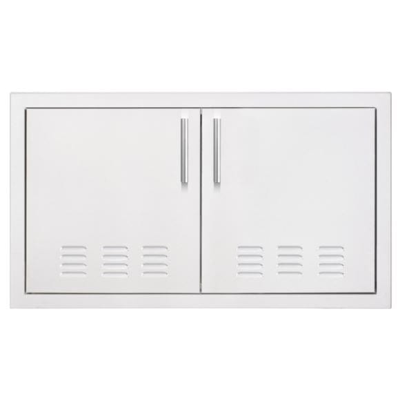 A stainless steel double-door access panel with brushed handles and ventilation slots, suitable for outdoor kitchen or utility compartments.