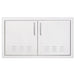 A stainless steel double-door access panel with brushed handles and ventilation slots, suitable for outdoor kitchen or utility compartments.