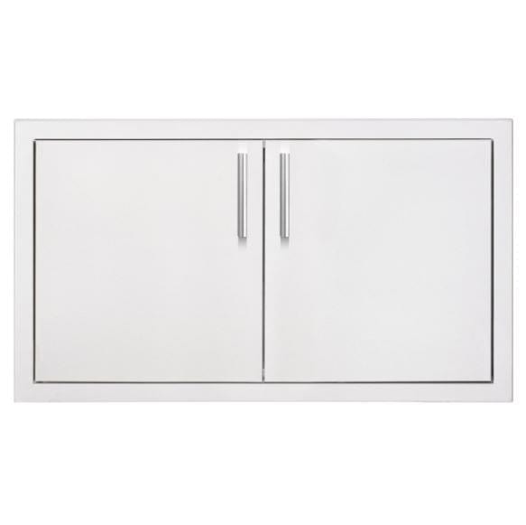 A stainless steel double-door access panel with sleek vertical handles, ideal for outdoor kitchen or utility storage compartments.