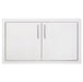 A stainless steel double-door access panel with sleek vertical handles, ideal for outdoor kitchen or utility storage compartments.