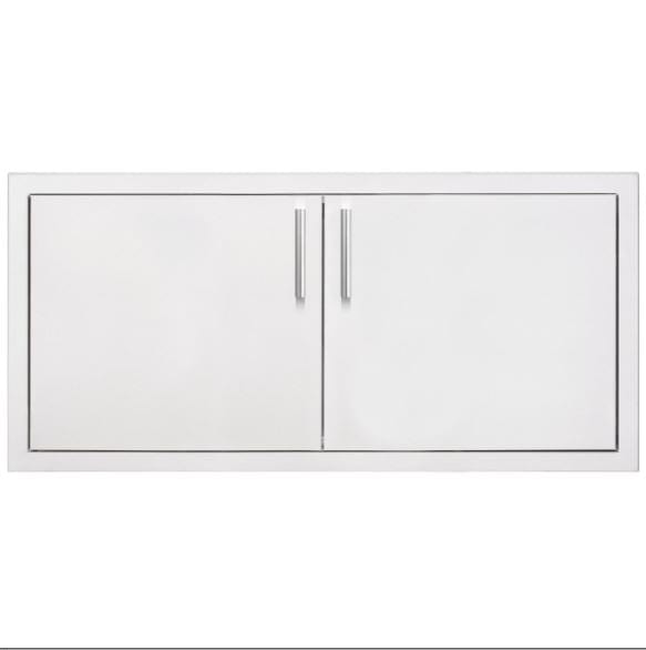 A wide stainless steel double-door access panel with sleek vertical handles, designed for outdoor kitchen or storage compartments.