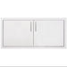 A wide stainless steel double-door access panel with sleek vertical handles, designed for outdoor kitchen or storage compartments.